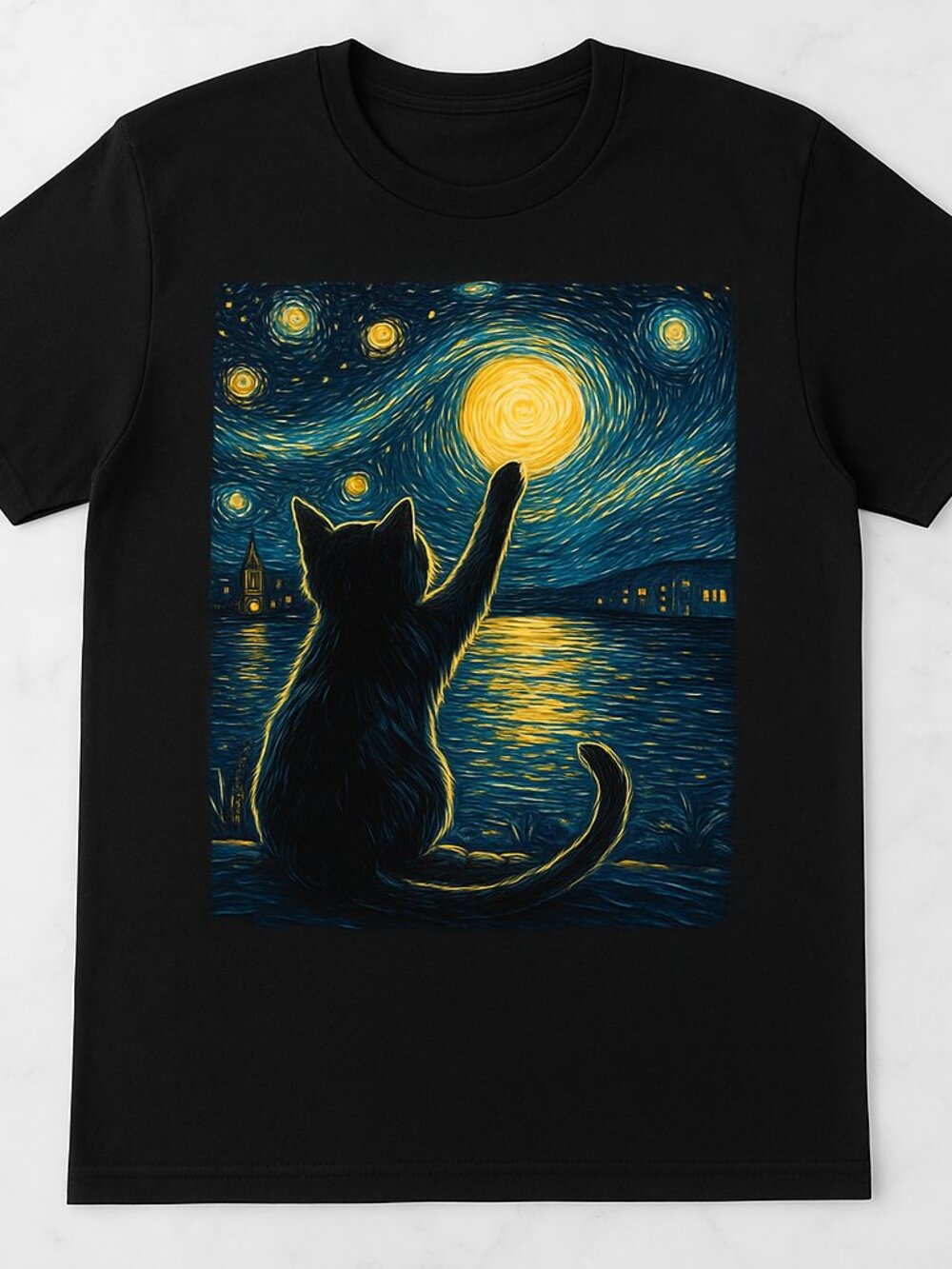 Black Cat Starry Night Moon Graphic Tee Black Artistic